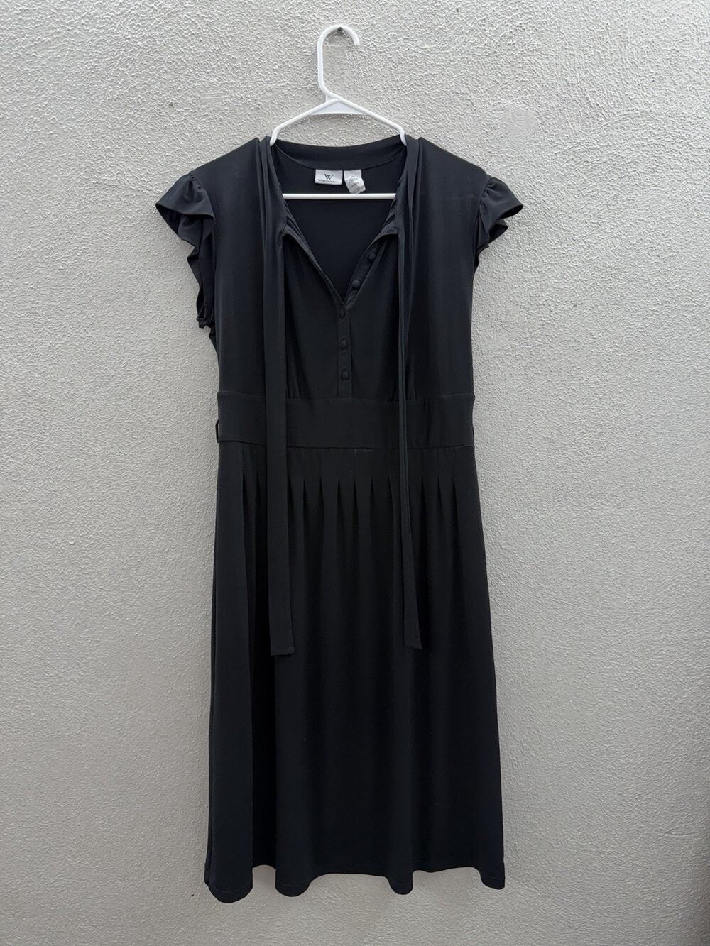 Worthington Womens Dress Size 12 Black Short Flutter Sleeve Half Button Up